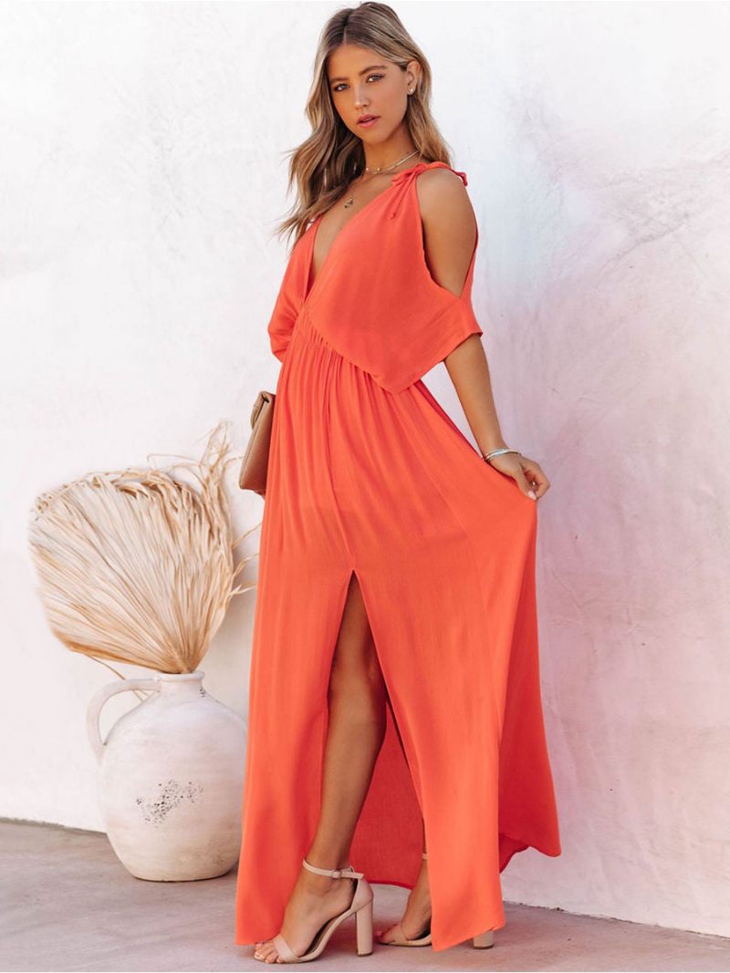 Robe Longue À Col V Pour Femme Épaules Ouvertes Longueur Au Sol - Corail