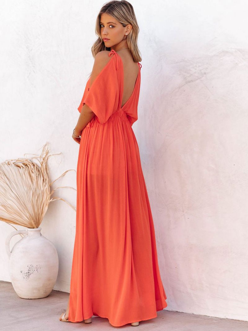 Robe Longue À Col V Pour Femme Épaules Ouvertes Longueur Au Sol - Corail