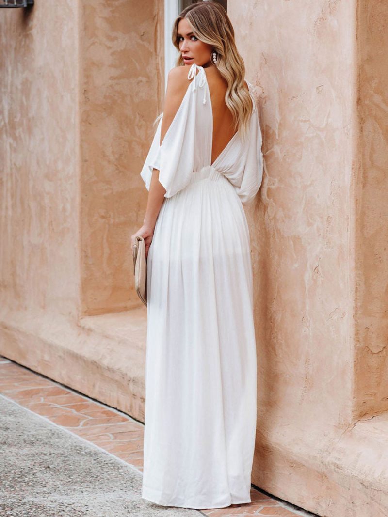 Robe Longue À Col V Pour Femme Épaules Ouvertes Longueur Au Sol - Blanc