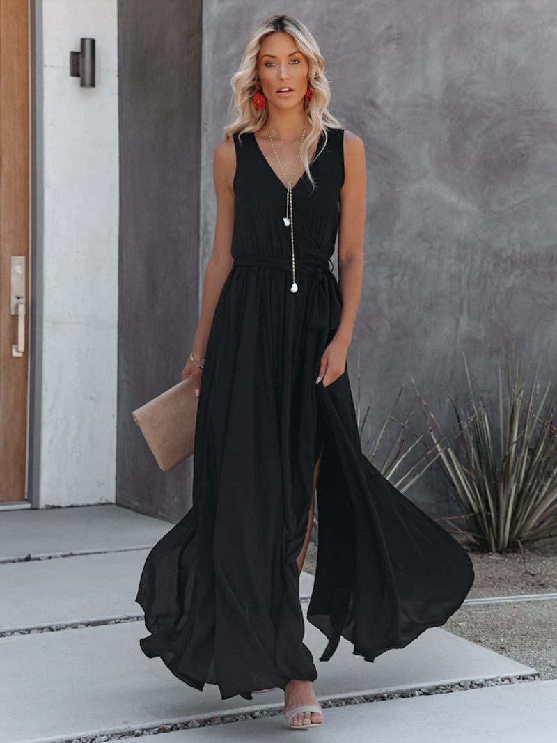 Robe Longue À Col V Pour Femme Sans Manches Bal