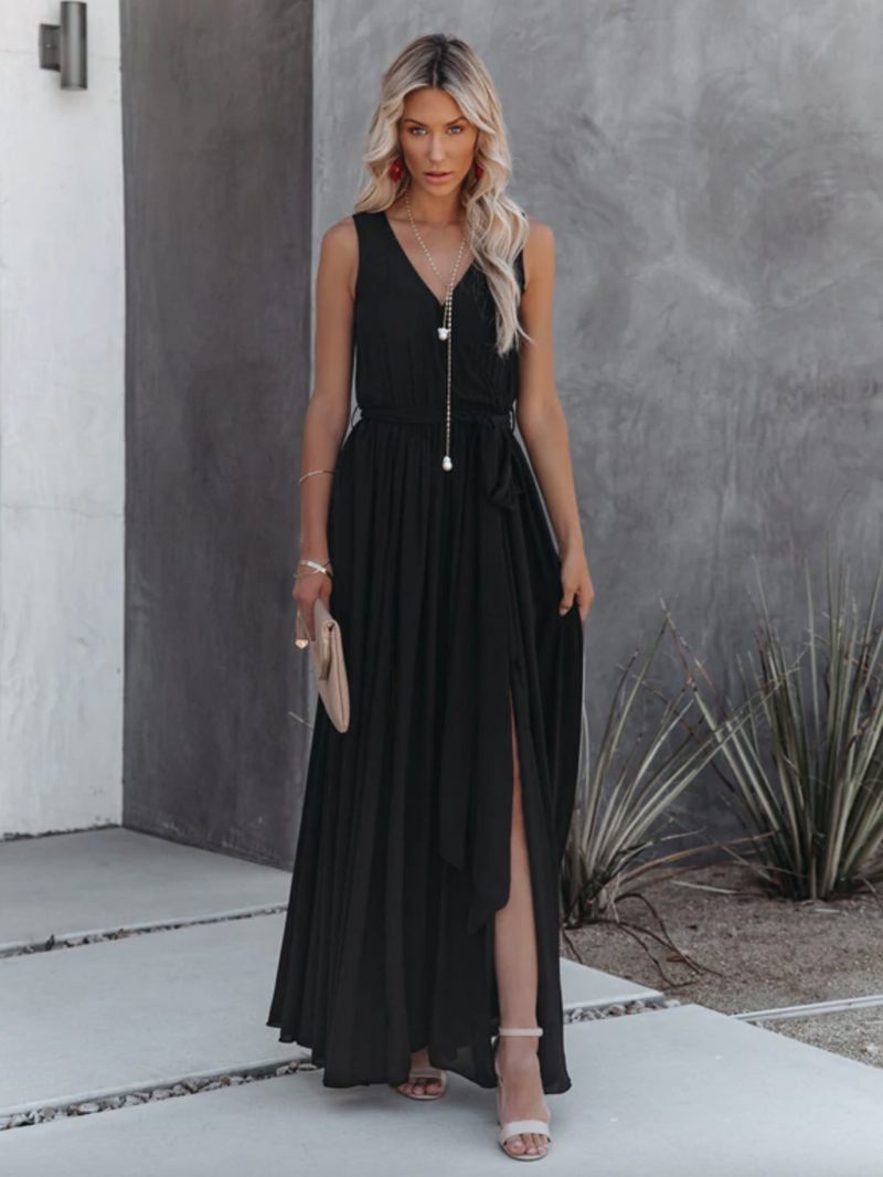 Robe Longue À Col V Pour Femme Sans Manches Bal - Noir