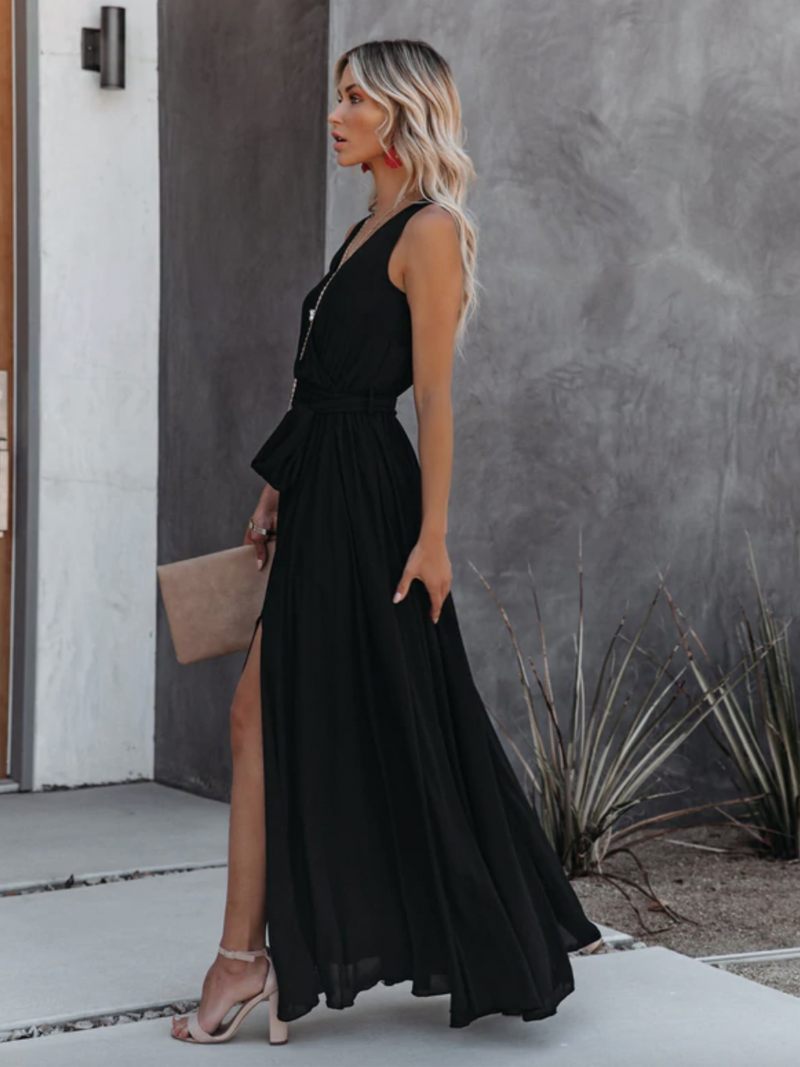 Robe Longue À Col V Pour Femme Sans Manches Bal - Noir