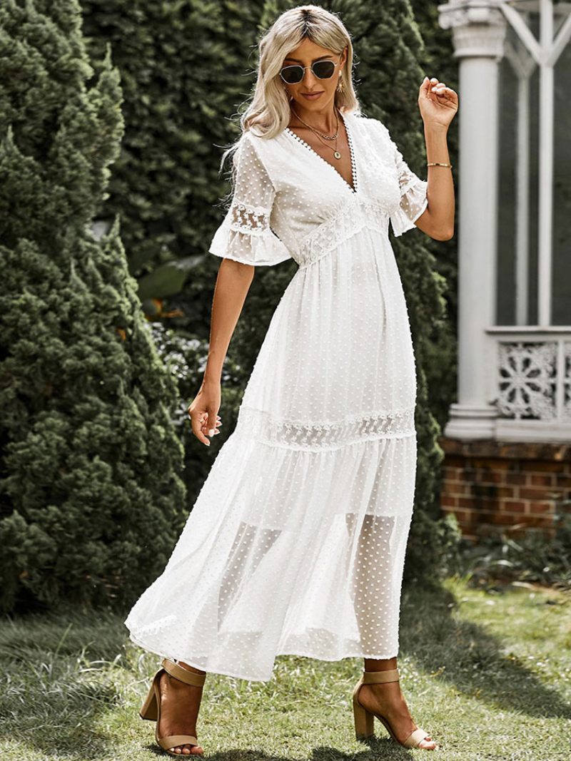 Robe Longue À Col V Pour Femmes Demi-manches Décontractée Dentelle Longueur Au Sol - Blanc