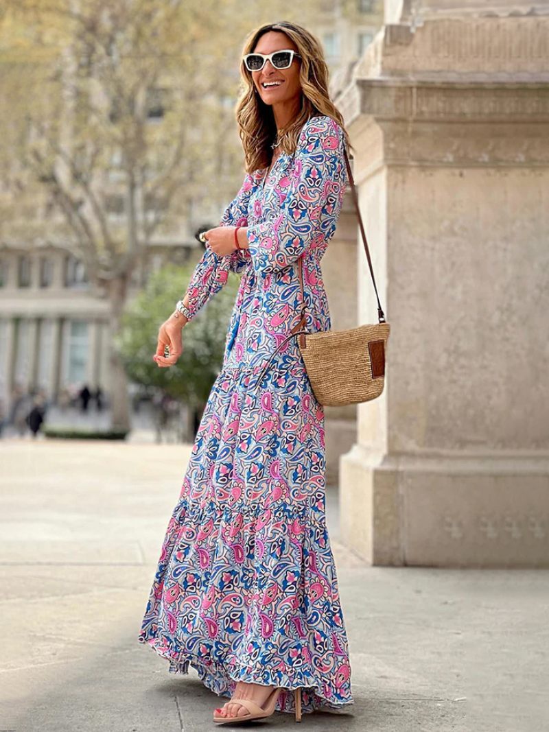 Robe Longue À Col V Pour Femmes Manches Longues Imprimée Décontractée - Rose