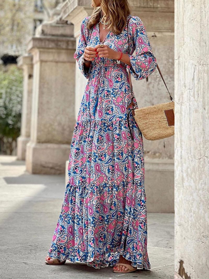 Robe Longue À Col V Pour Femmes Manches Longues Imprimée Décontractée - Rose