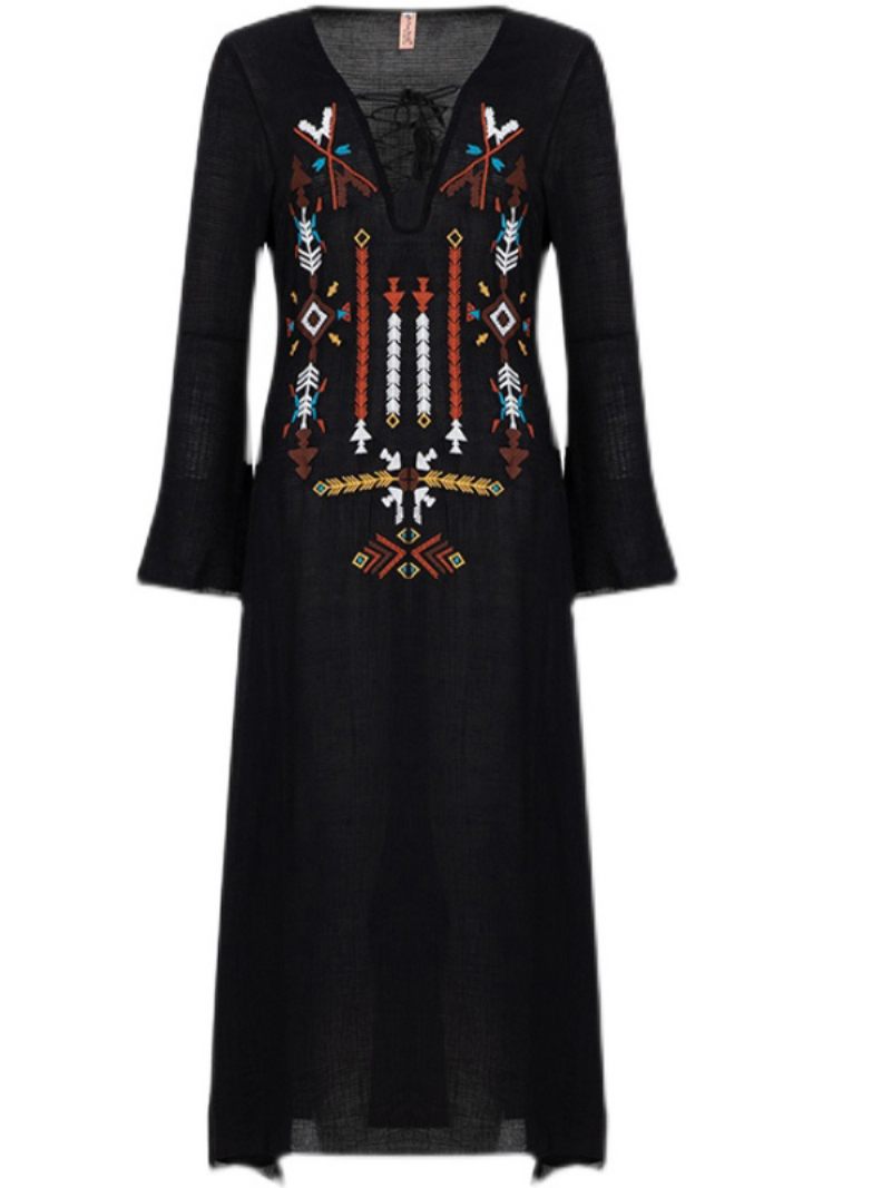 Robe Longue Coton Noir Pour Femmes Style Boho Col V Manches Longues Brodée Bohème Gitane Plage Vacances Printemps Et Automne - Noir