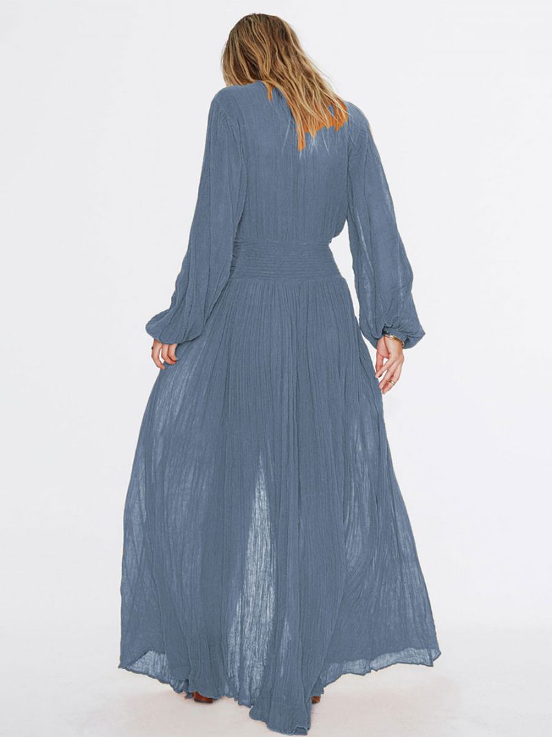 Robe Longue Pour Femmes Col V Manches Longues Fente Haute Longueur Au Sol - Bleu