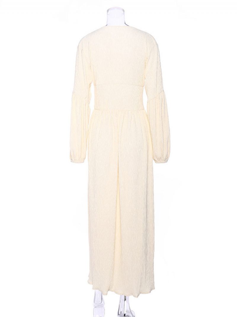 Robe Longue Pour Femmes Col V Manches Longues Longueur Au Sol - Jaune Clair