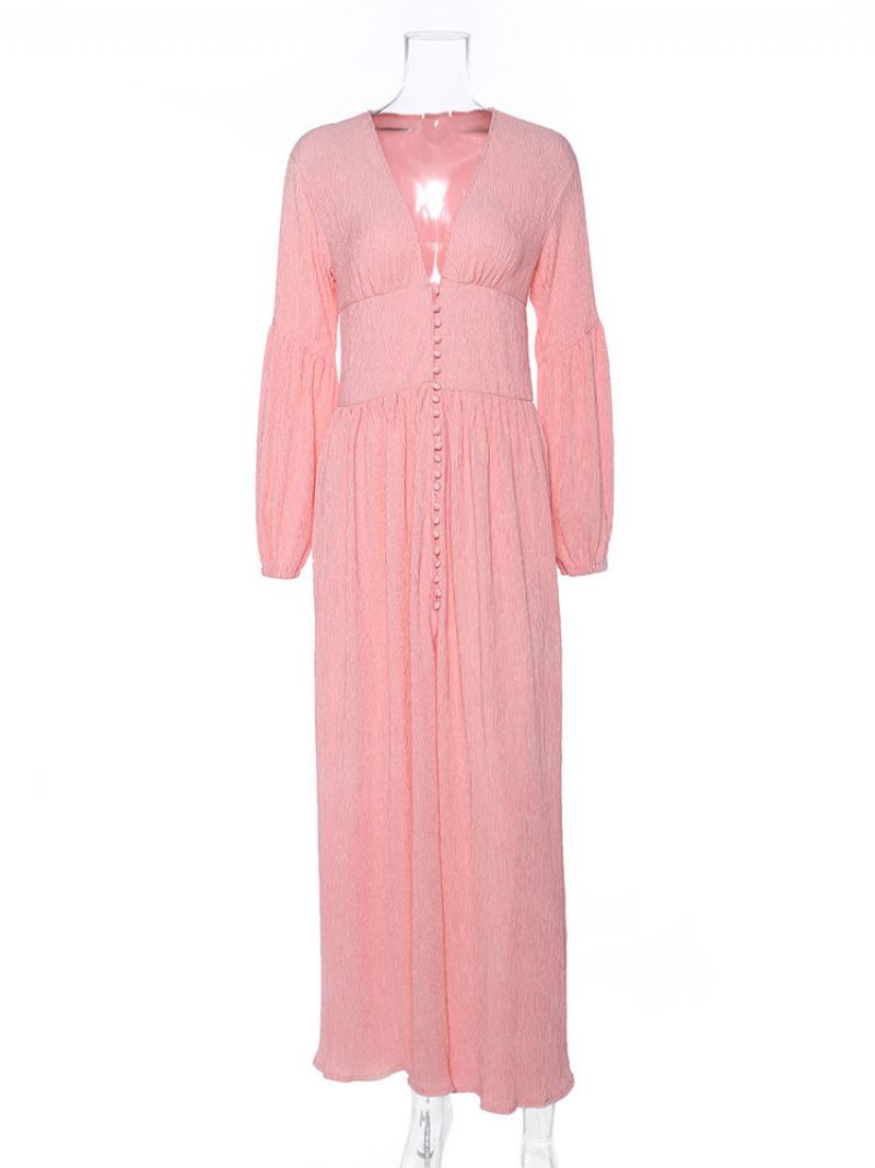 Robe Longue Pour Femmes Col V Manches Longues Longueur Au Sol - Rose