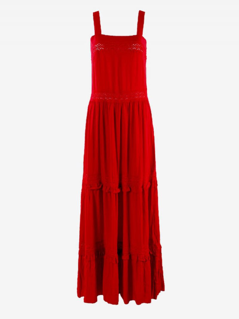 Robe Longue Pour Femmes Col V Sans Manches Coton Longueur Au Sol - Rouge