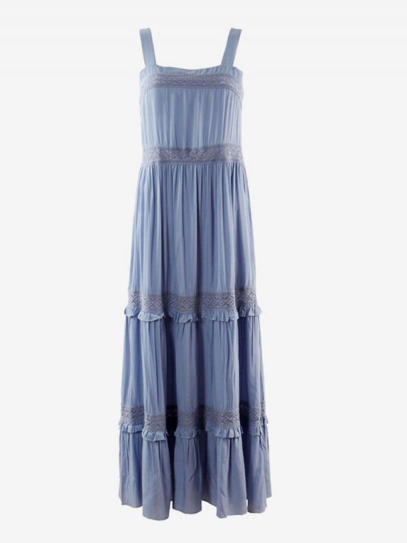 Robe Longue Pour Femmes Col V Sans Manches Coton Longueur Au Sol - Bleu Ciel Clair