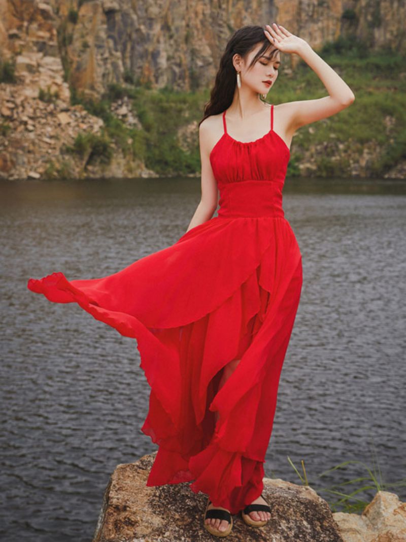 Robe Longue Pour Femmes Col V Sans Manches Plage Haute Et Basse - Rouge