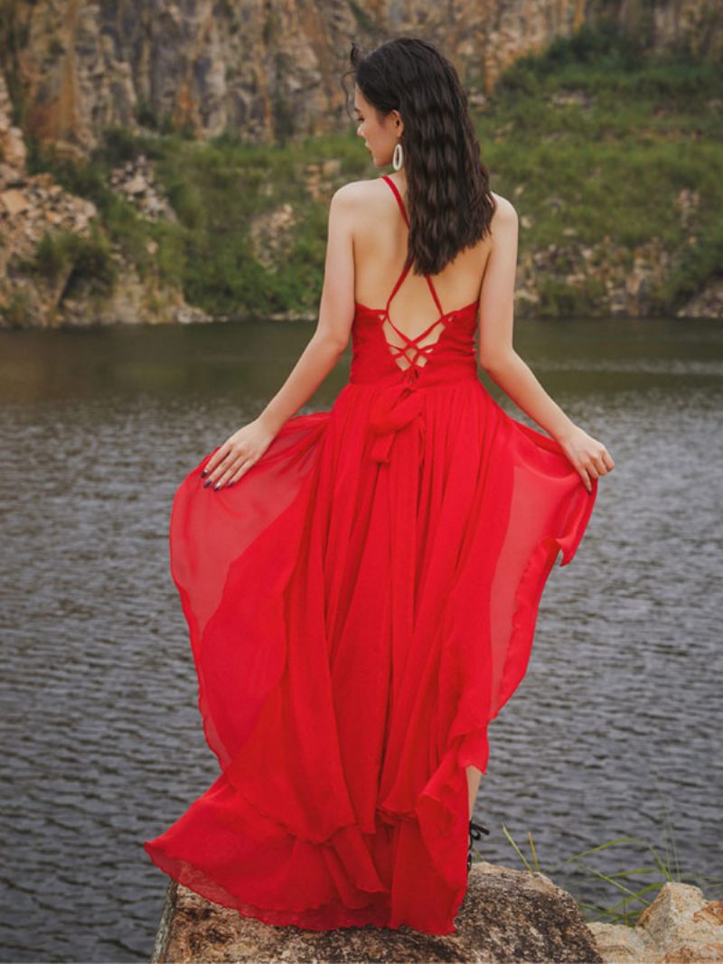 Robe Longue Pour Femmes Col V Sans Manches Plage Haute Et Basse - Rouge