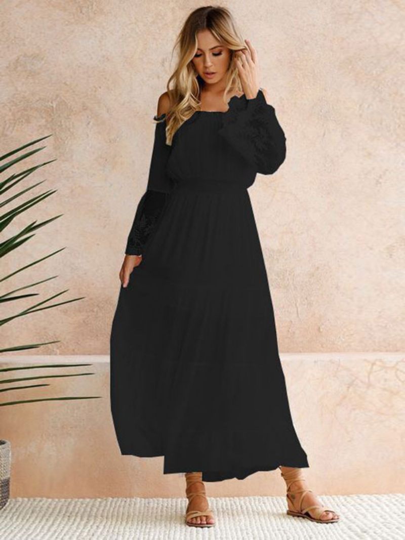 Robe Longue À Manches Longues Pour Femmes Longueur Au Sol - Noir