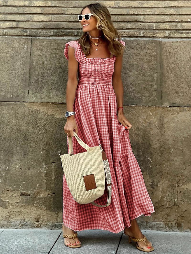 Robe Longue Sans Manches Pour Femmes Tenue Décontractée À Carreaux - Rouge