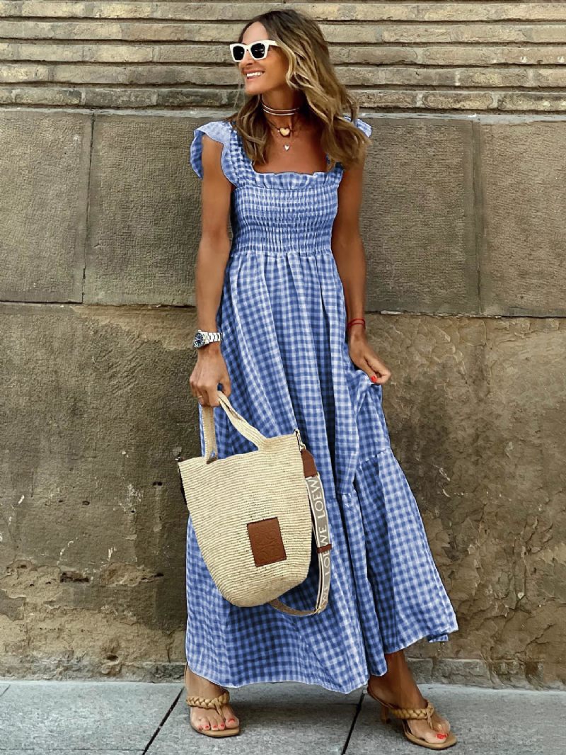 Robe Longue Sans Manches Pour Femmes Tenue Décontractée À Carreaux - Bleu Ciel Clair