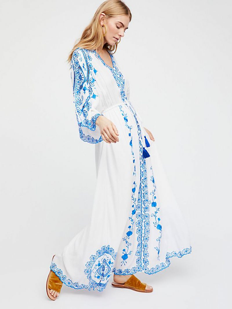 Robe Maxi Boho Pour Femmes Col V Manches Longues D'été Brodée