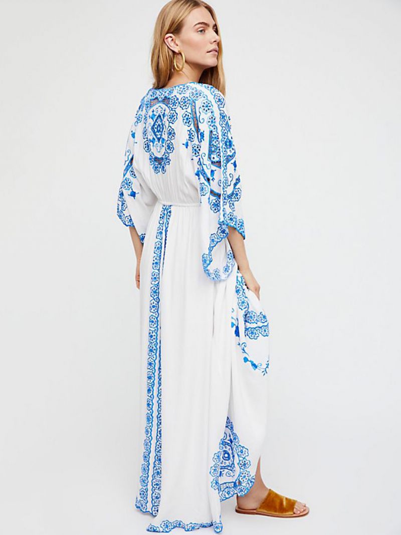 Robe Maxi Boho Pour Femmes Col V Manches Longues D'été Brodée - Blanc