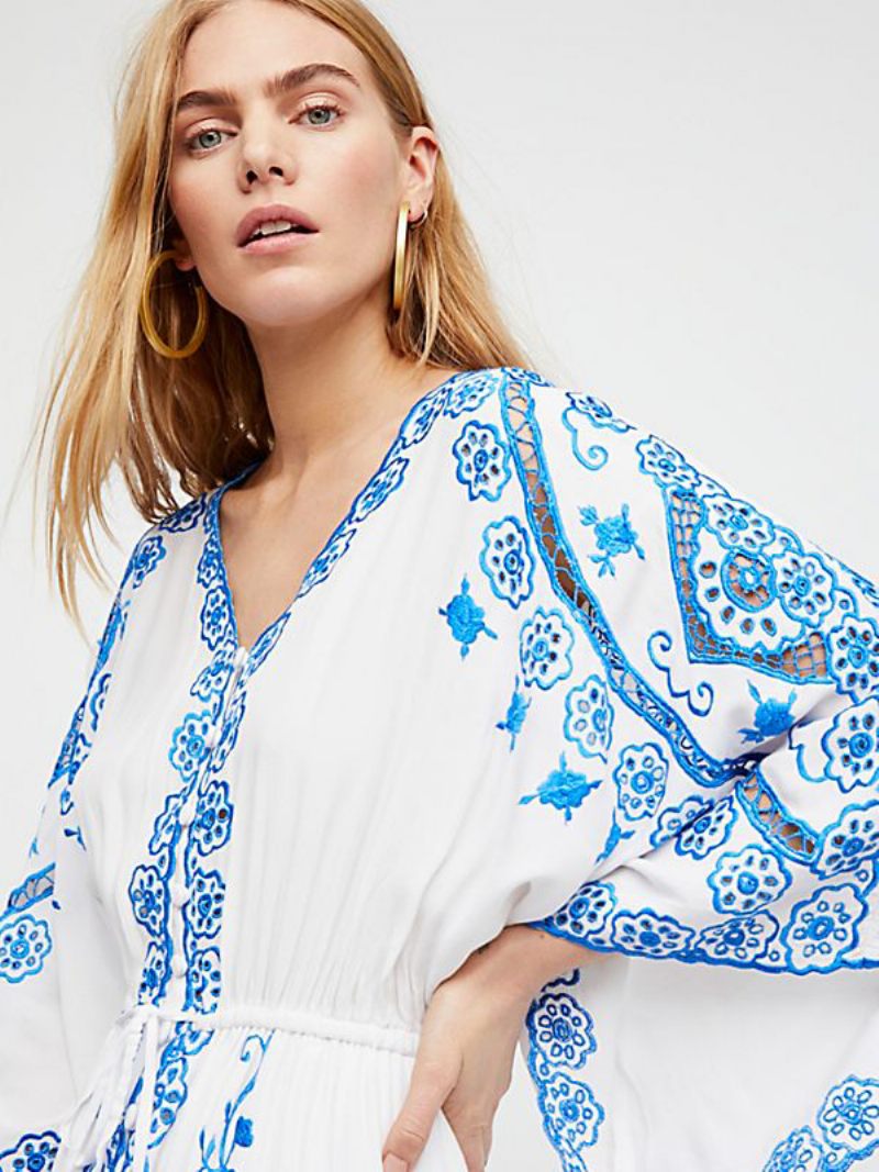 Robe Maxi Boho Pour Femmes Col V Manches Longues D'été Brodée - Blanc