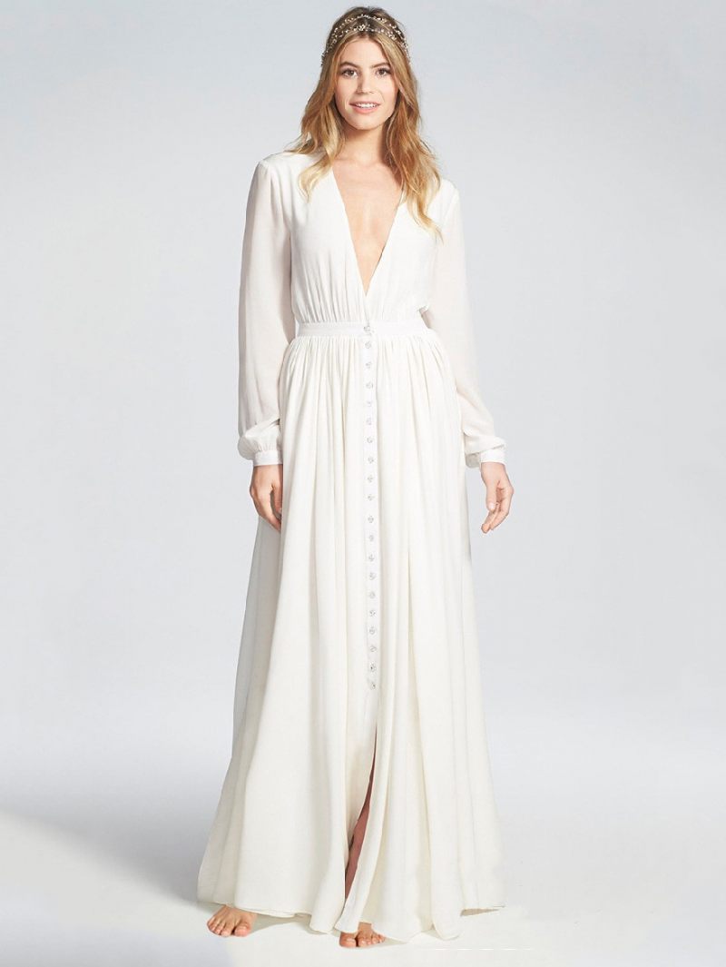 Robe Maxi Femme Col V Manches Longues Longue