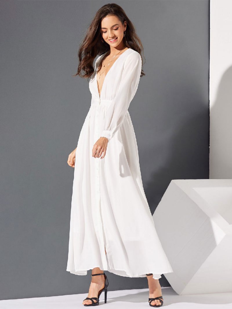 Robe Maxi Femme Col V Manches Longues Longue - Blanc