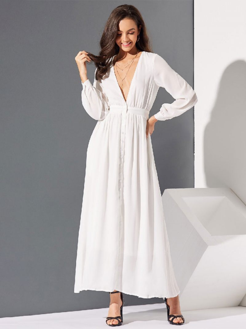 Robe Maxi Femme Col V Manches Longues Longue - Blanc