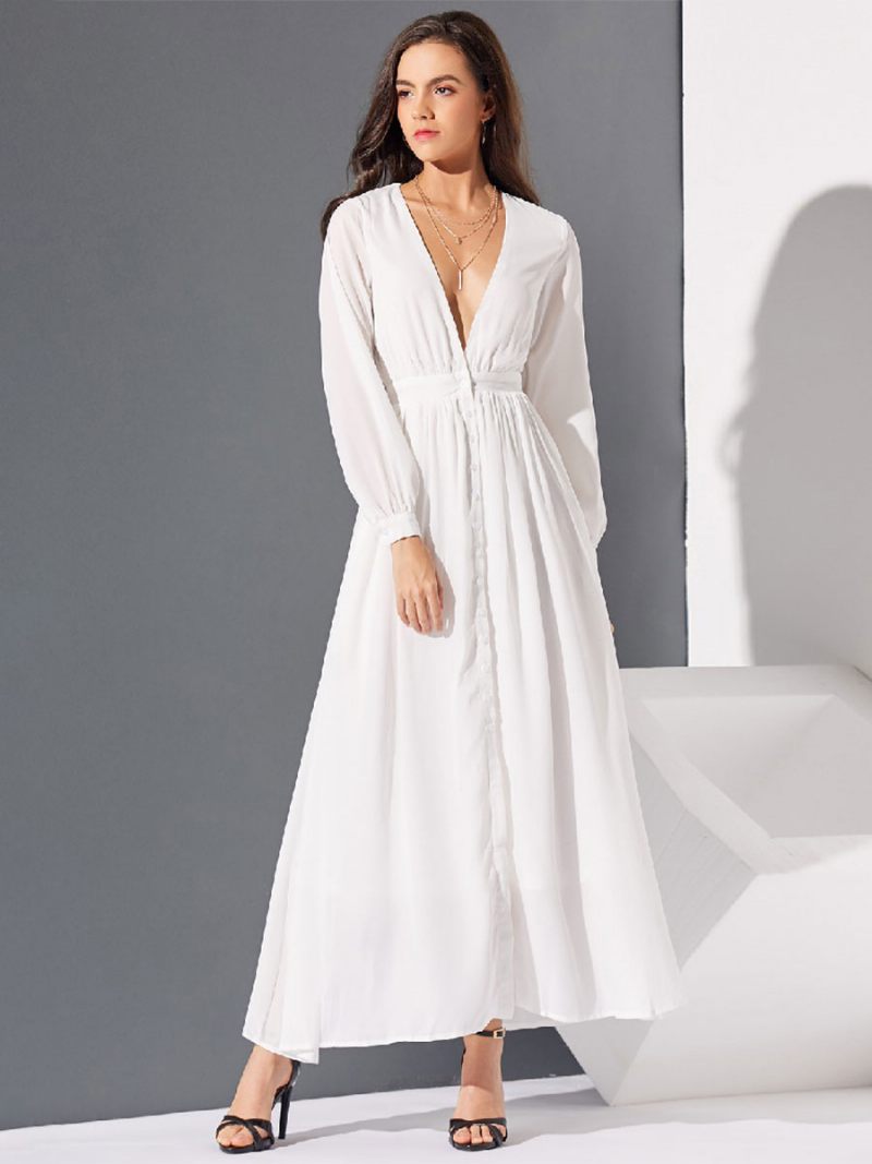 Robe Maxi Femme Col V Manches Longues Longue - Blanc