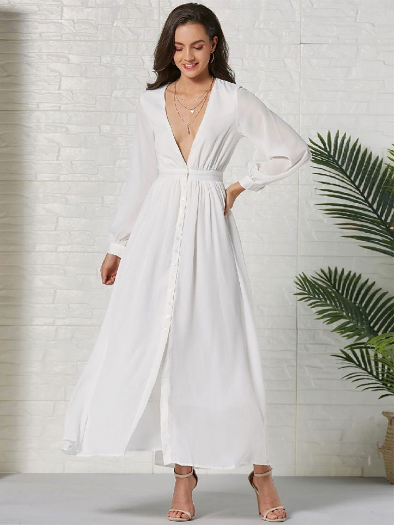 Robe Maxi Femme Col V Manches Longues Longue - Blanc