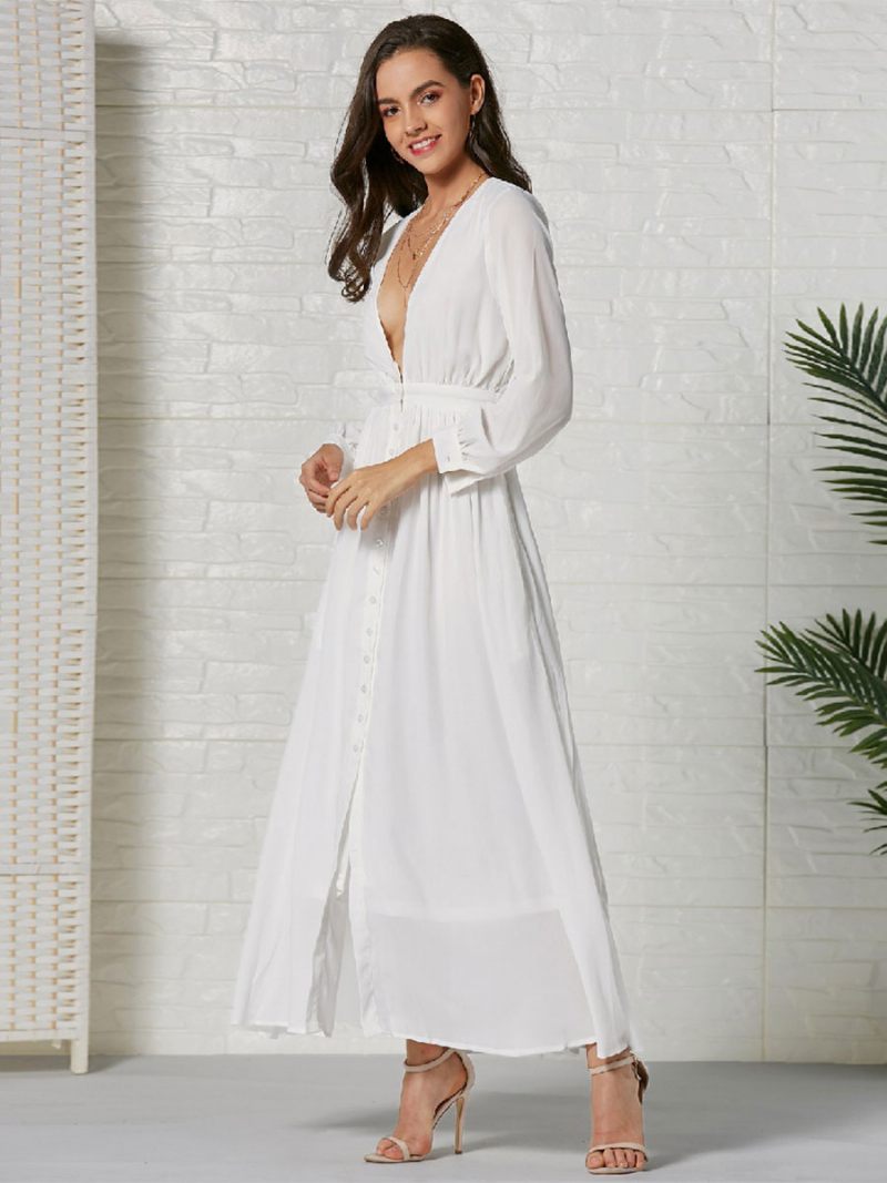 Robe Maxi Femme Col V Manches Longues Longue - Blanc