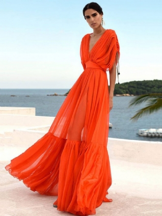 Robe Maxi Femme Orange Rouge Col V Manches Courtes Dos Nu Longue