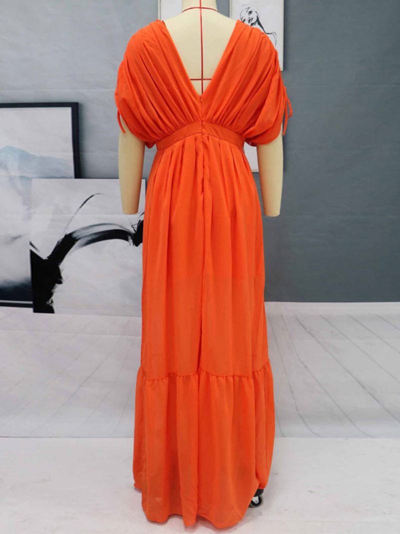 Robe Maxi Femme Orange Rouge Col V Manches Courtes Dos Nu Longue - Orange