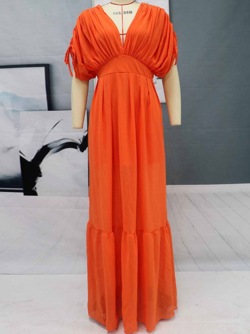 Robe Maxi Femme Orange Rouge Col V Manches Courtes Dos Nu Longue - Orange