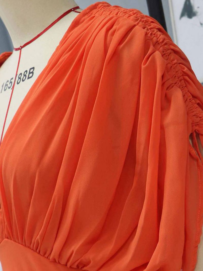 Robe Maxi Femme Orange Rouge Col V Manches Courtes Dos Nu Longue - Orange