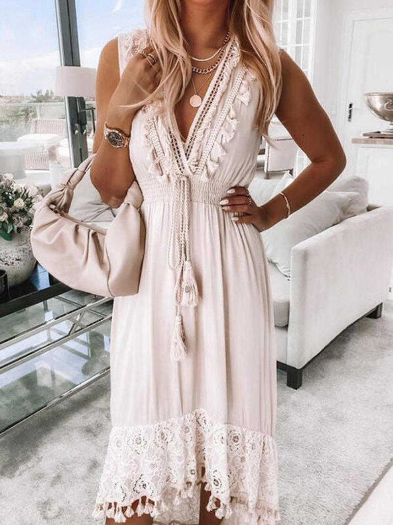 Robe Mi-longue Sans Manches À Franges Pour Femmes Design Haut Et Bas Sexy Col V - Blanc