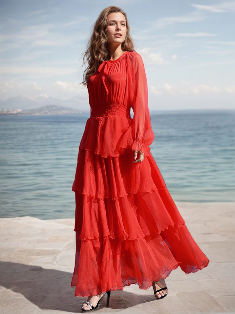 Robe Rouge À Plusieurs Niveaux Pour Femmes Avec Nœud Plissé Col Ras Du Cou Style Boho Décontracté Robes Longues - Rouge