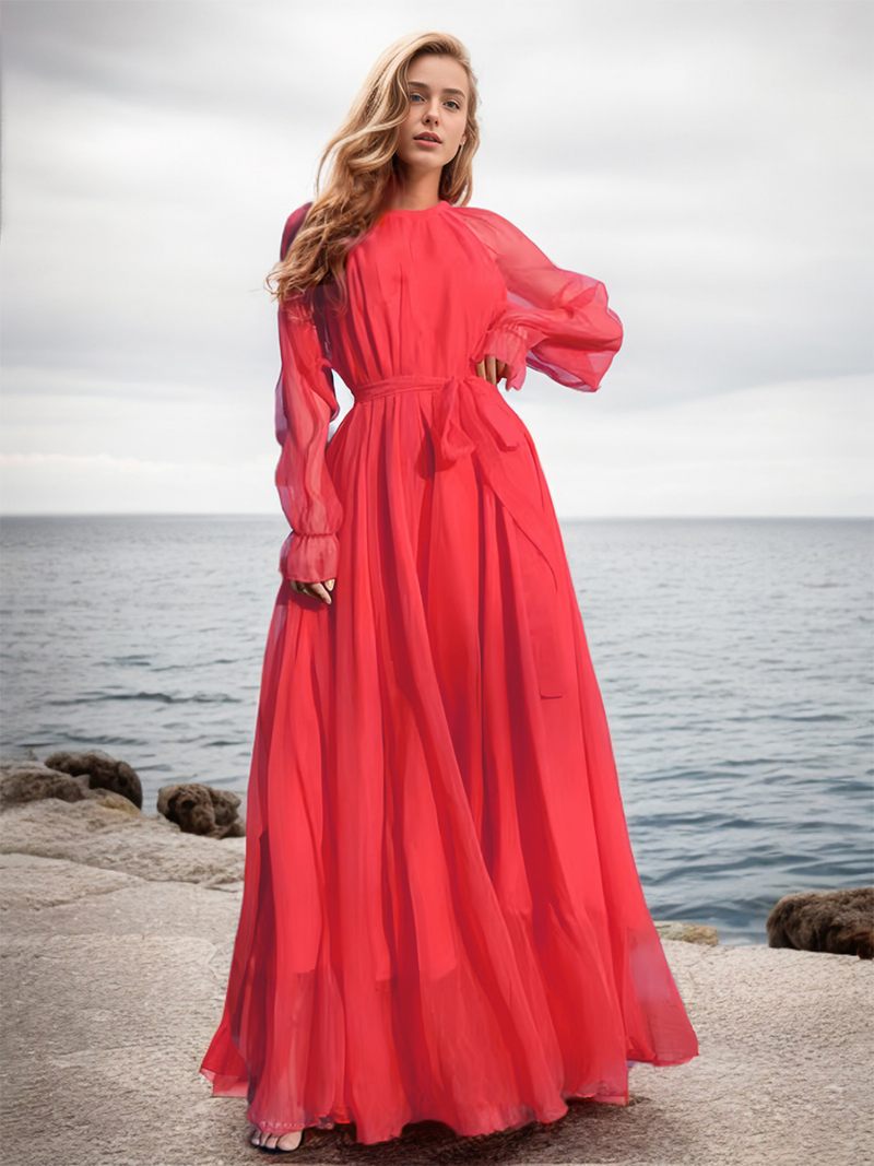 Robe Trapèze Pour Femmes Col Rond Ceinture Manches Longues Style Boho Robes Maxi - Rouge