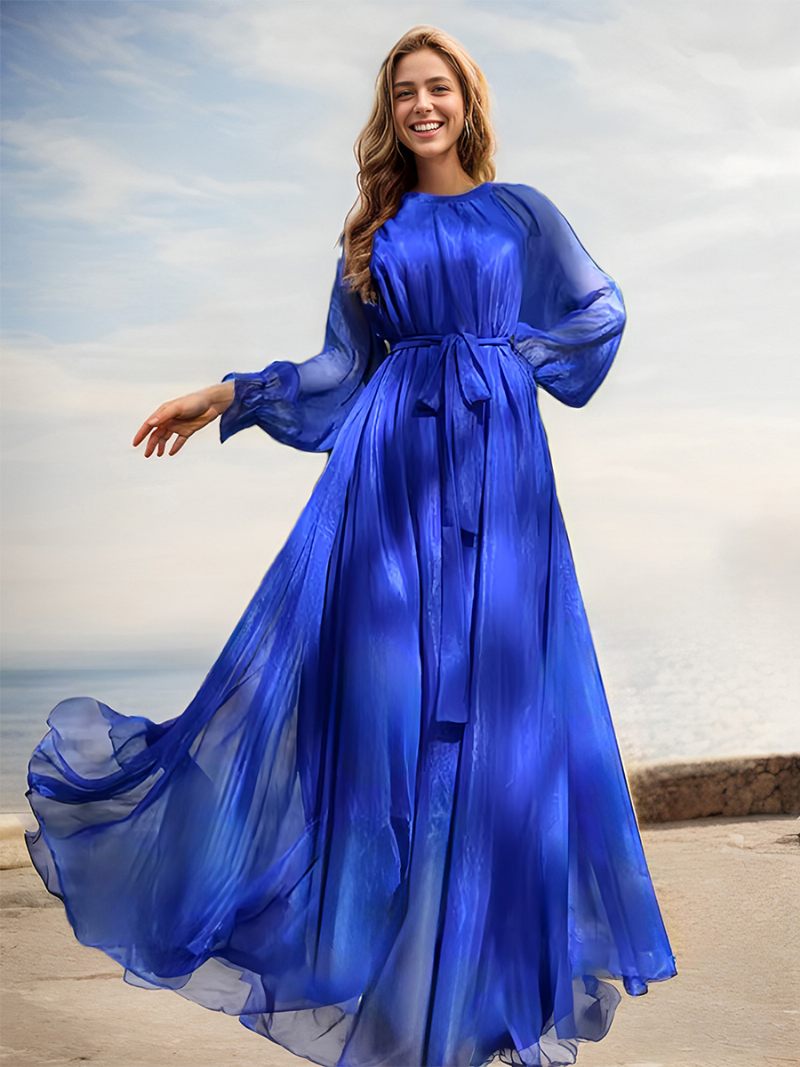 Robe Trapèze Pour Femmes Col Rond Ceinture Manches Longues Style Boho Robes Maxi - Bleu Royal