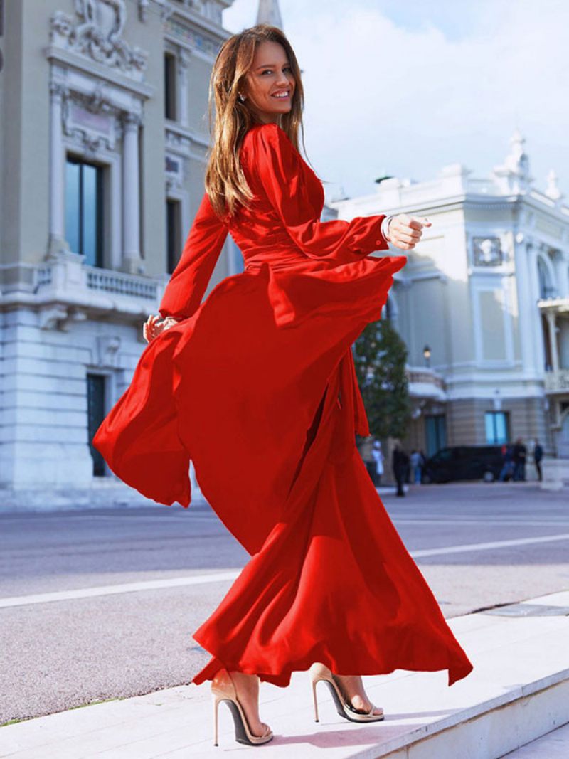 Robes Longues Pour Femmes Col V Manches Robe Sexy À Fente Haute Longueur Au Sol - Rouge