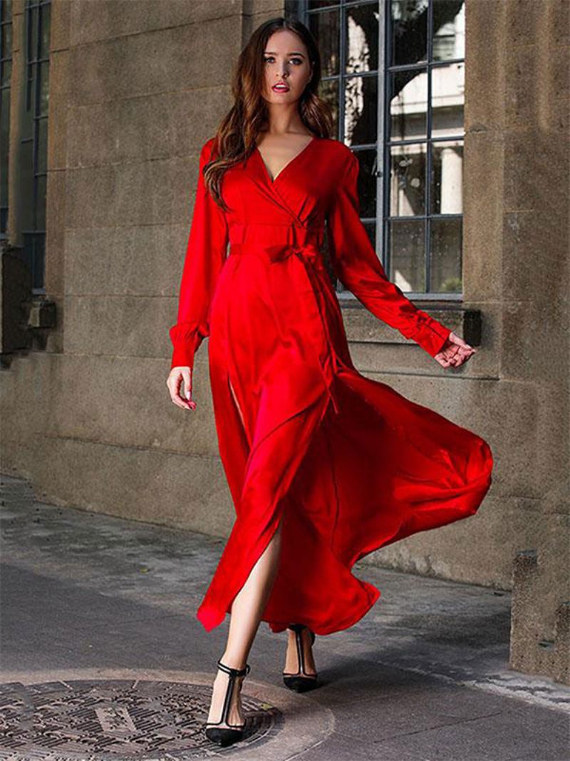 Robes Longues Pour Femmes Col V Manches Robe Sexy À Fente Haute Longueur Au Sol - Rouge