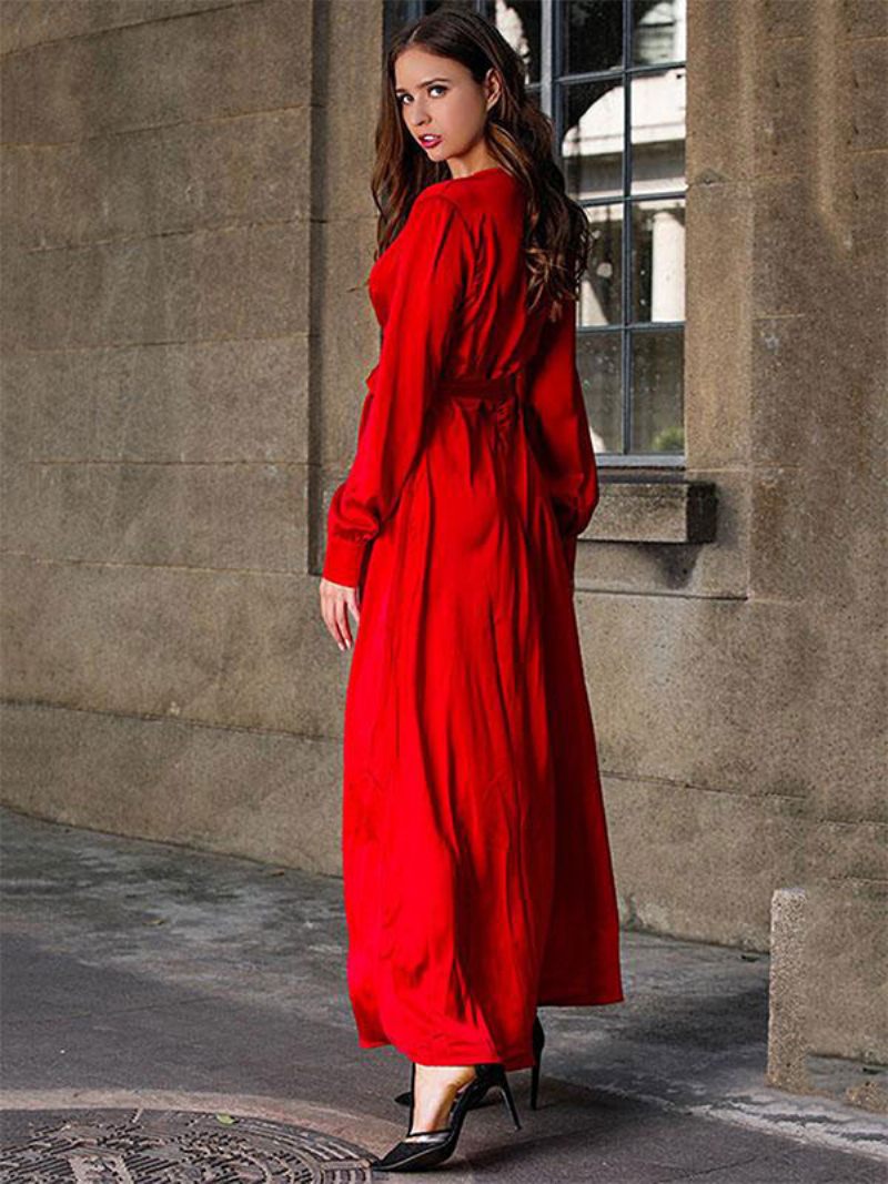 Robes Longues Pour Femmes Col V Manches Robe Sexy À Fente Haute Longueur Au Sol - Rouge