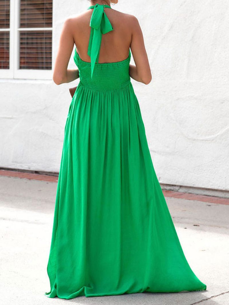 Robes Maxi D'été Pour Femmes Robe Plage Plissée Verte À Col V - Vert