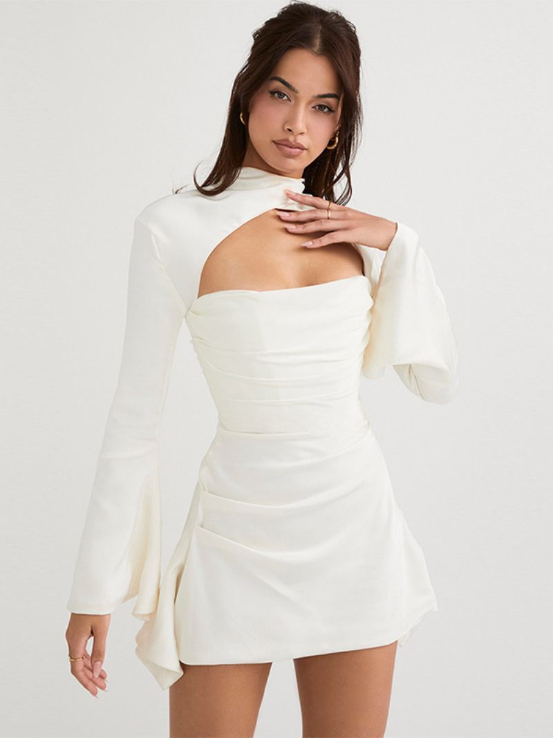 Mini Robe Froncée Pour Femmes Manches À Volants Découpées Dos Nu Robes Fête D'anniversaire - Blanc