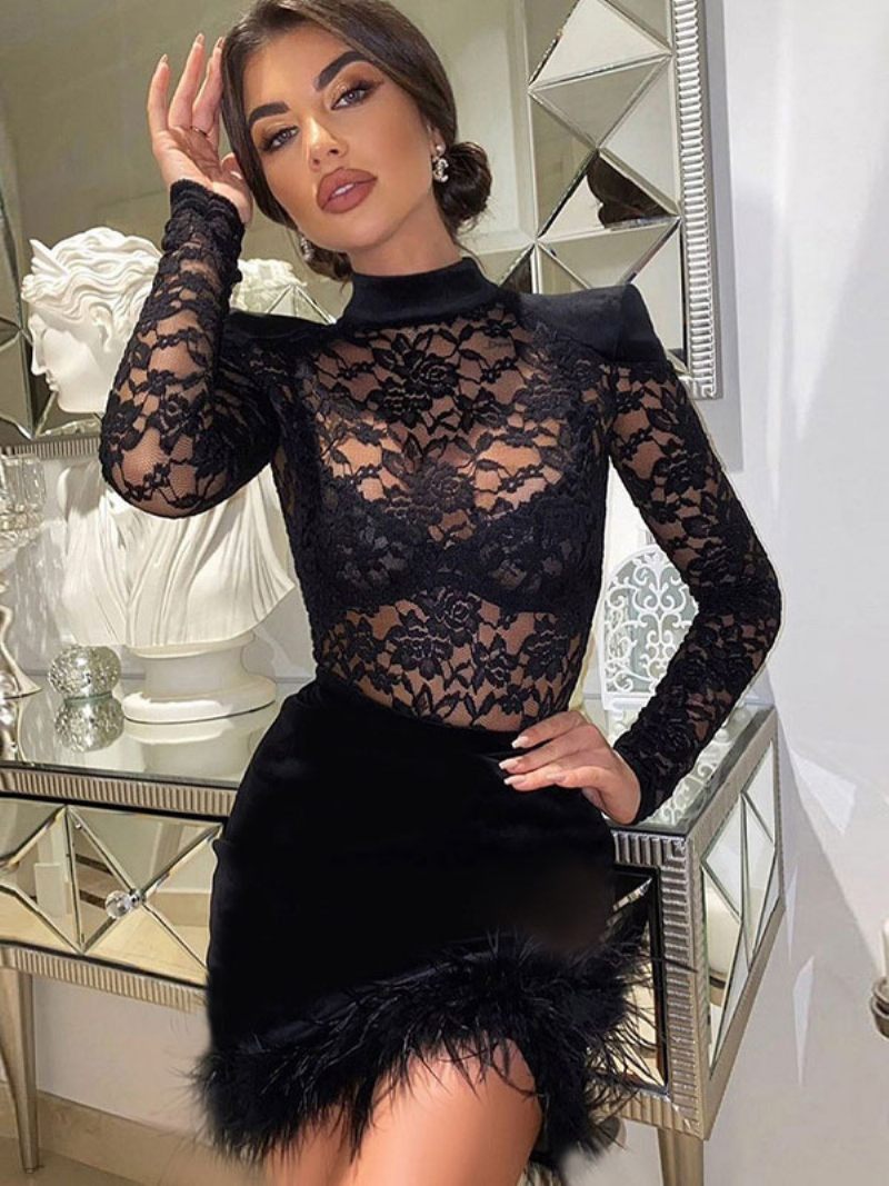 Robe D'anniversaire Dentelle Extensible Pour Femme Décontractée Col Bijou Manches Longues Robes - Noir