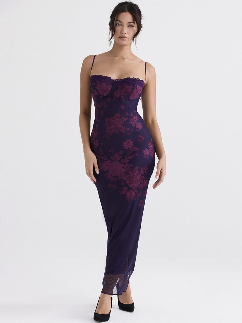 Robe Corset Pour Femmes Imprimé Floral Bretelles Spaghetti Sexy Moulante Maxi - Violet