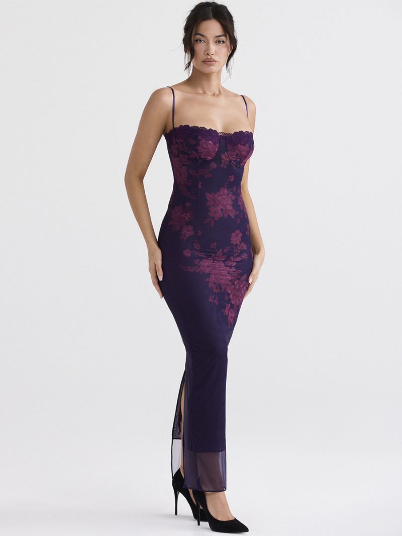 Robe Corset Pour Femmes Imprimé Floral Bretelles Spaghetti Sexy Moulante Maxi - Violet