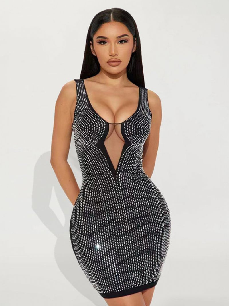 Robe Culb À Strass Pour Femmes Col Rond Sans Manches Robes Tulle Sexy