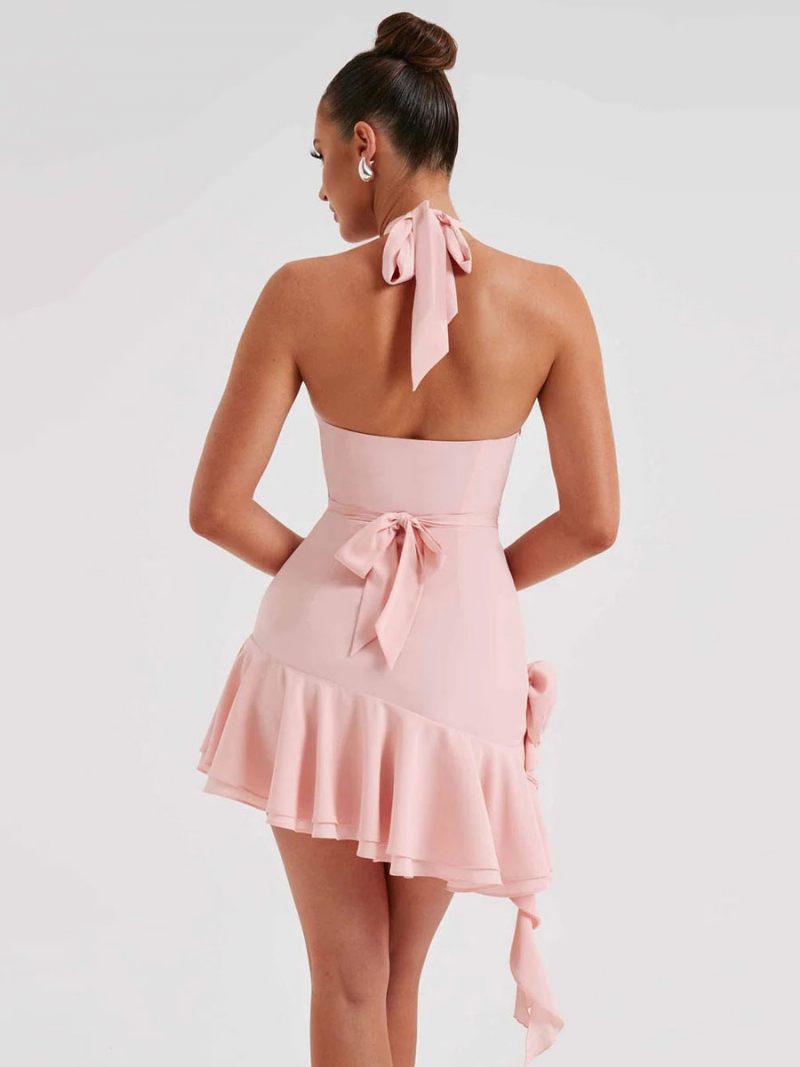 Robe Dos Nu Pour Femmes Col Drapé À Lacets Mini Robes Irrégulières - Rose