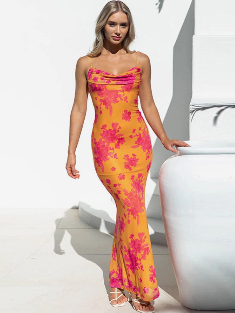 Robe À Fleurs Pour Femmes Robes Longues Imprimé Floral Sans Manches Bretelles Cou Élégant Dos Nu Spaghetti Lacets Couture Ouverte Été - Orange