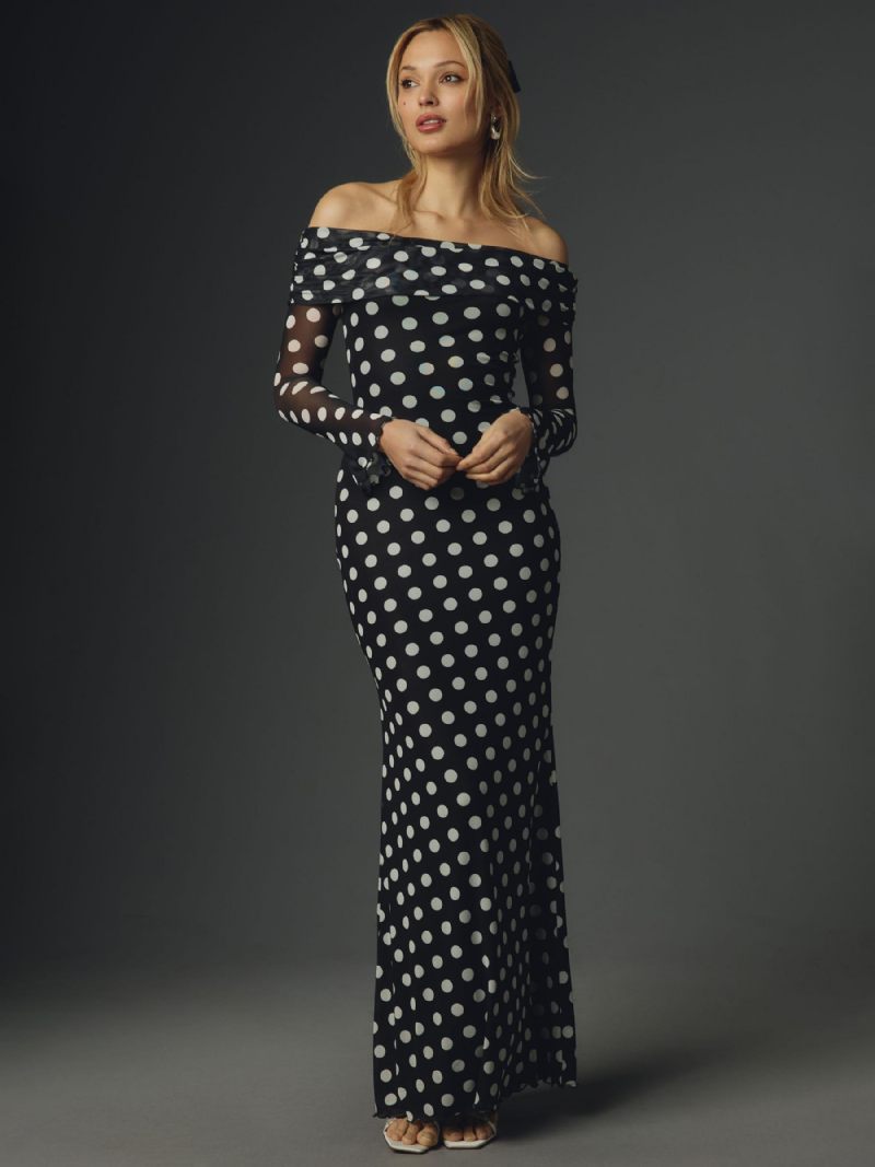 Robe Longue À Pois Épaules Dénudées Manches Longues Maxi D'été Chic Pour Femmes