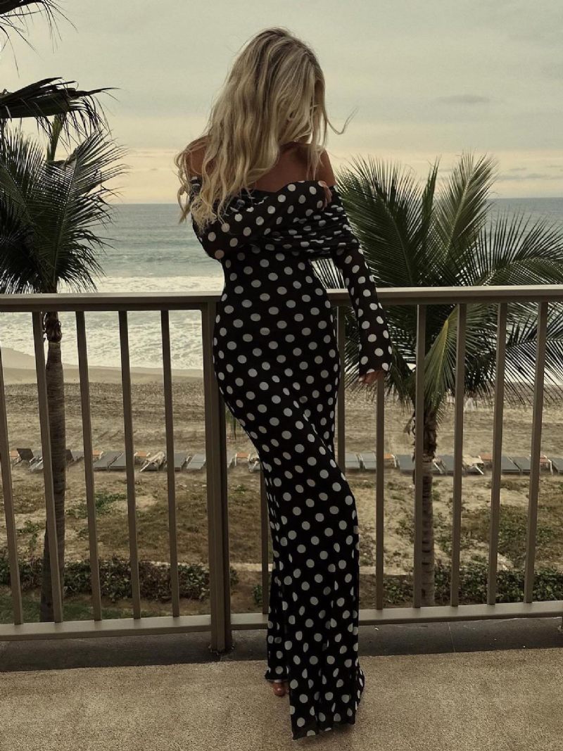 Robe Longue À Pois Épaules Dénudées Manches Longues Maxi D'été Chic Pour Femmes - Noir